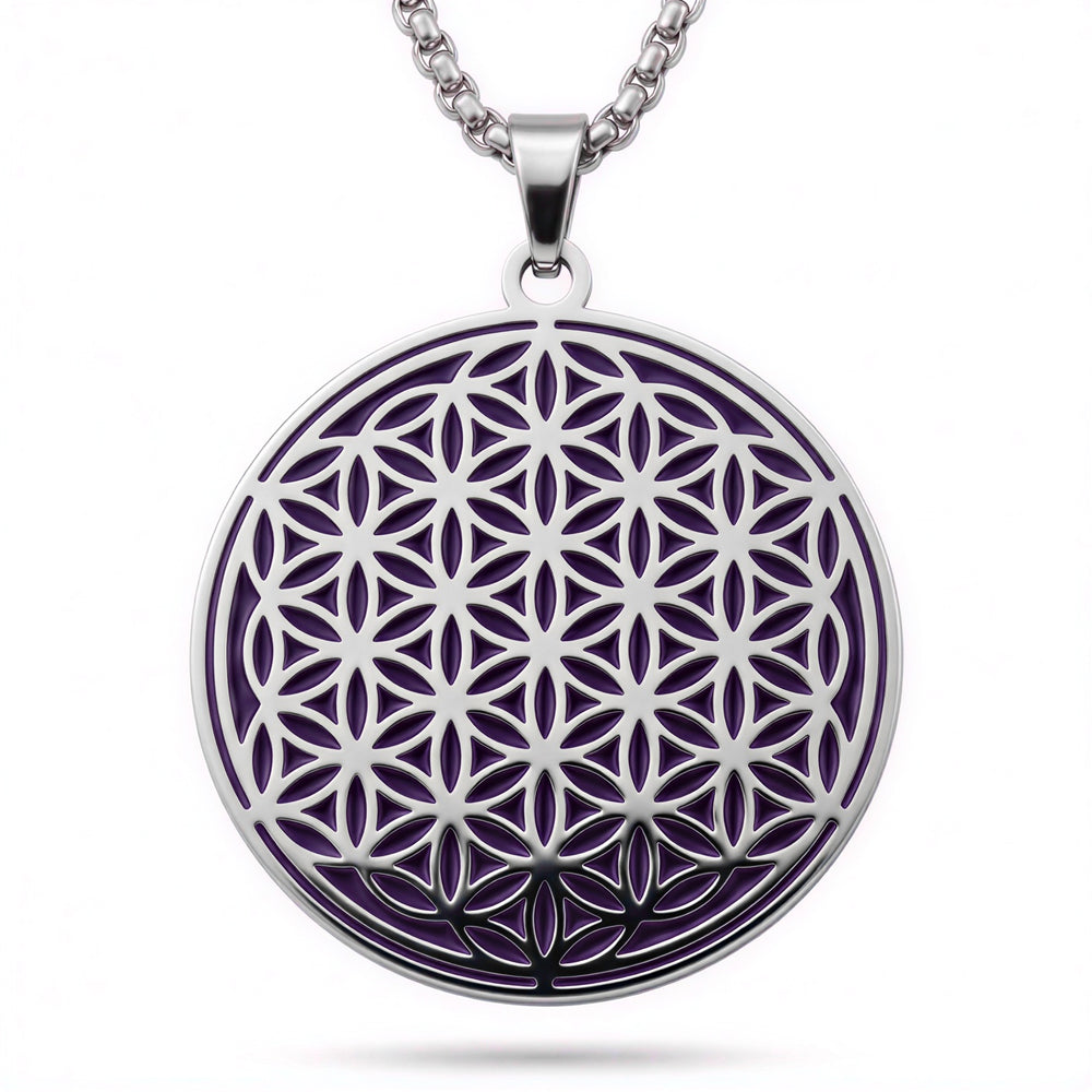 Purple and silver Flower of Life charm necklace detail