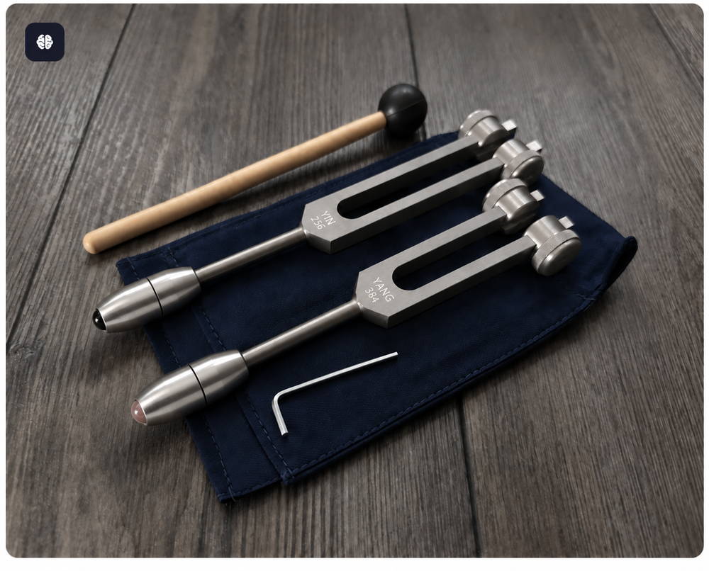 Gray Yin 256 Hz and Yang 384 Hz weighted tuning forks with Rose Quartz and Black Onyx crystal attenuator handles