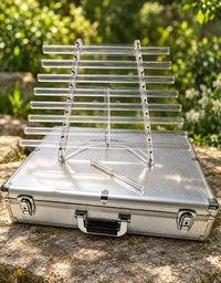 Clear eight-tube crystal harp and strikers on the silver metal carrying case in natural garden light