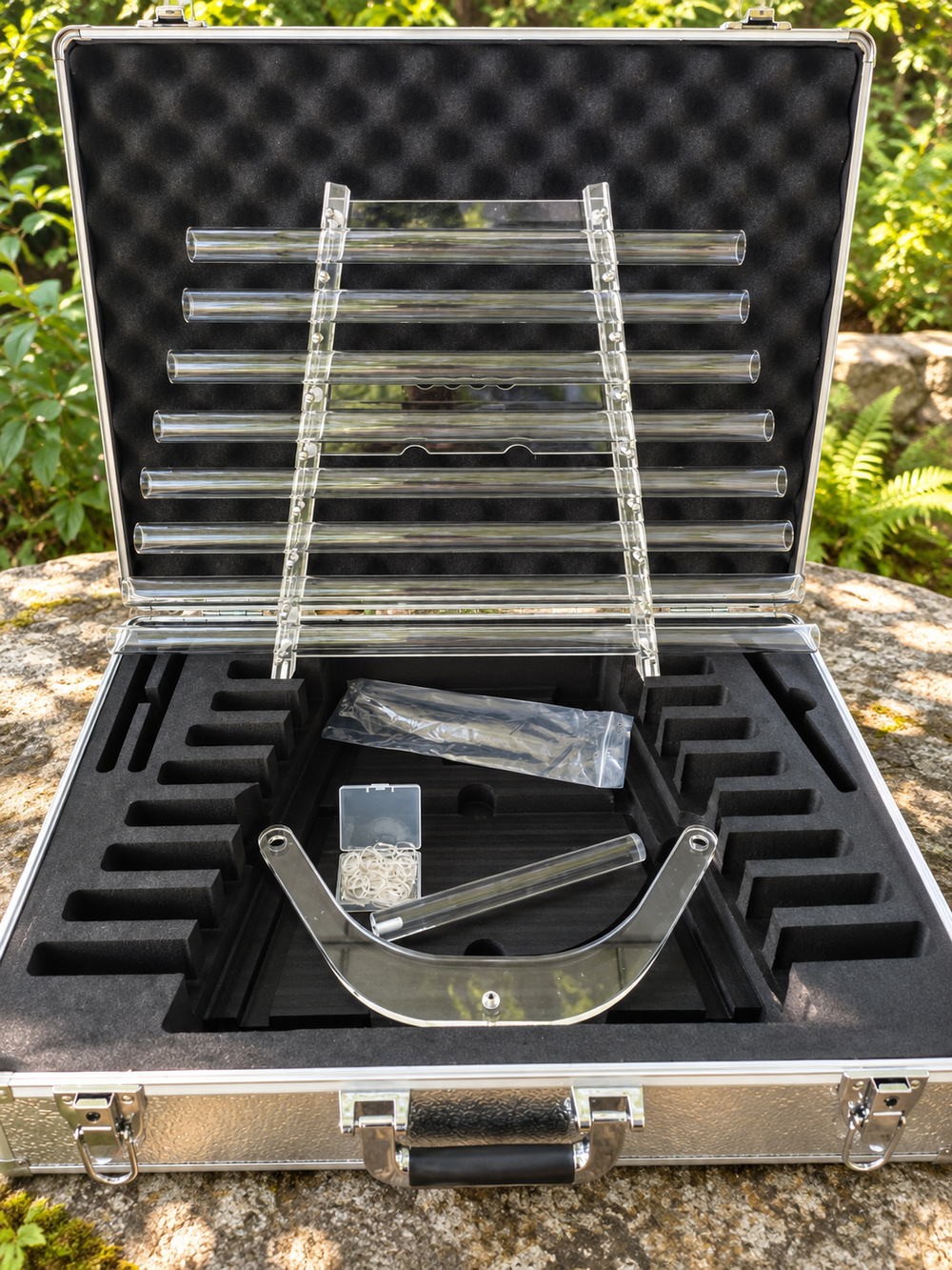 Clear eight-tube crystal harp with open silver case and fitted foam insert on sunlit stone in a green garden