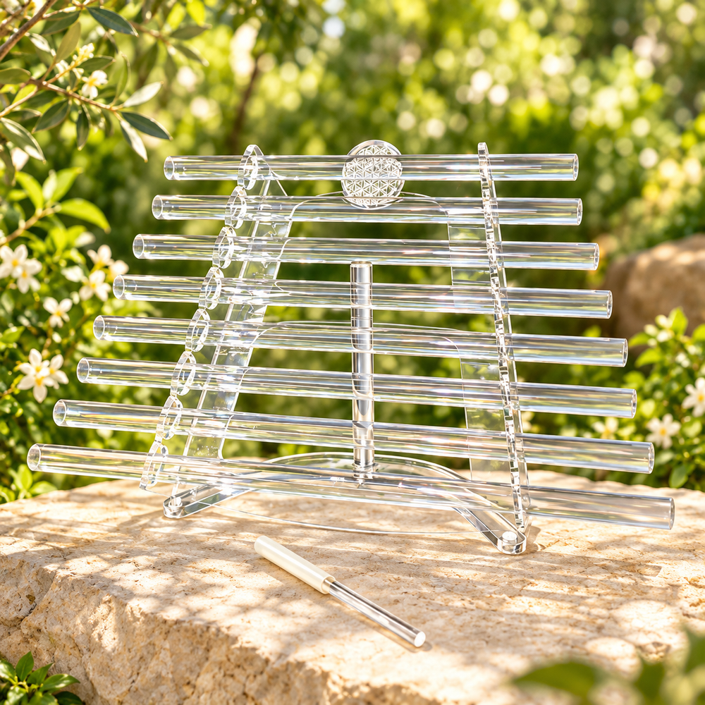 Flower of Life nine-tube clear crystal harp on stone in a sunlit garden