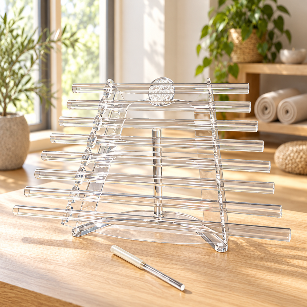 Flower of Life clear crystal harp on a wooden table in a yoga studio