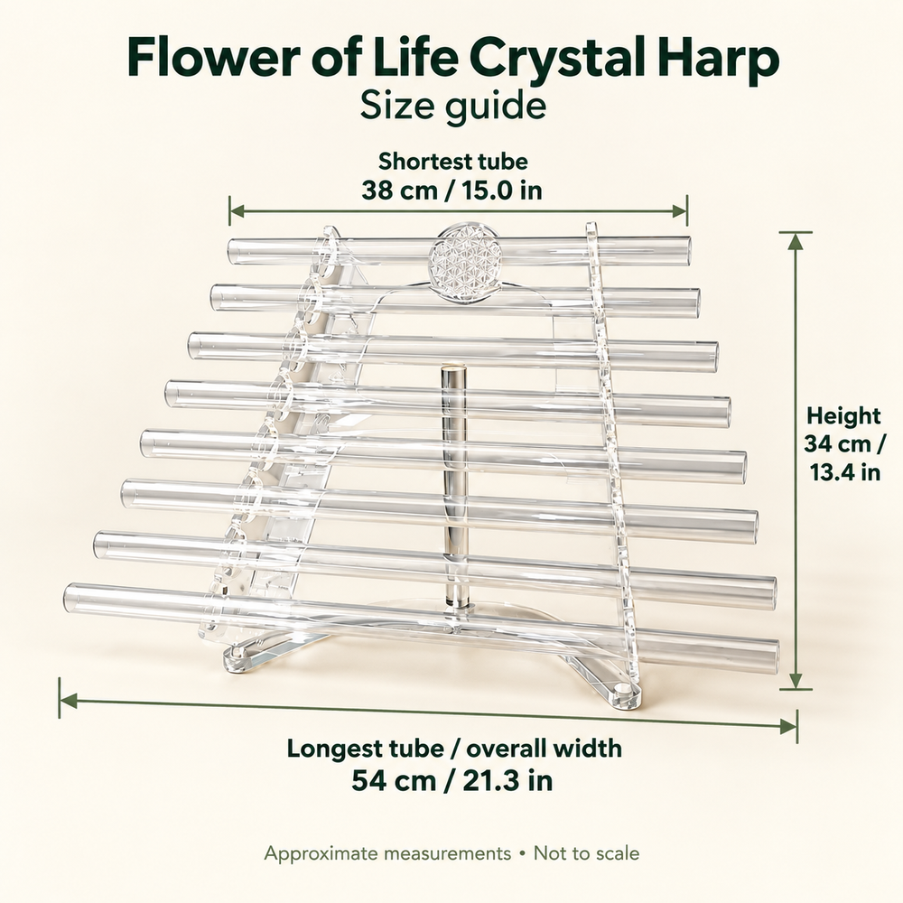 Flower of Life harp: 54 cm / 21.3 in wide, 34 cm / 13.4 in high, shortest tube 38 cm / 15.0 in