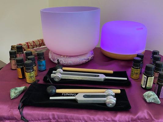 Weighted 174 Hz and 528 Hz Pair Silver Weighted anodized aluminum Tuning Forks - Attenuator Handle Extender with 10mm Crystal