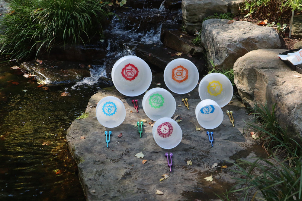 Myriad Melodies' Perfect Pitch (5 Cents) 432 Hz Chakra Symbol Singing Bowl Set - 10 Chakra Tuning Forks - 10 Crystal Attenuators - Cases