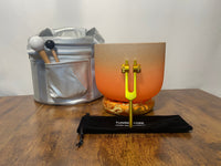 432 Hz Gold Frosted 8" Sacral D Note Quartz Crystal Singing Bowl with Solfeggio 528 Hz Weighted Tuning. Fork, Mallet, O-Ring, Carry Case