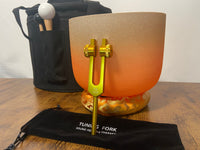 432 Hz Gold Frosted 8" Sacral D Note Quartz Crystal Singing Bowl with Solfeggio 528 Hz Weighted Tuning. Fork, Mallet, O-Ring, Carry Case