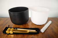 528 Hz Gravity Bowl and 432 Hz Chakra Printed Bowl - Tuning Fork - 8” Bowl, 7” Bowl, Purple Padded Carry Case, Suede Striker, and O-ring