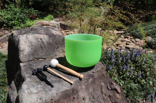 528 Hz Solfeggio Tuning Fork And Iridescent Light Heart Chakra 8" Crystal Singing Bowl 432HZ F-Note w/ Bag Bundle