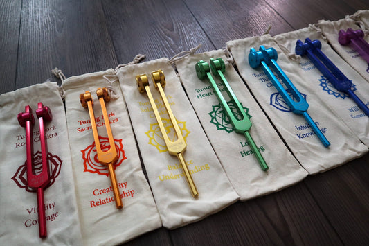 Myriad Melodies' Professionally Tuned .25 - 8pc Chakra Premium Tuning Fork Set - Chakra Engrams, Crystal Attenuator Extender, Biofield