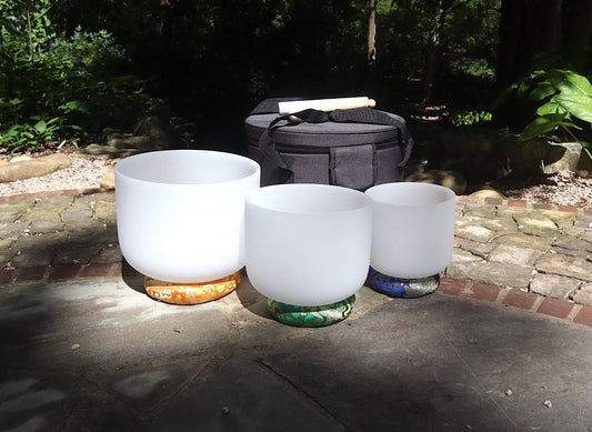 Myriad Melodies' Frosted White Partial Set Perfect Pitch (5 Cents) 432 Hz - 3pc or 4pc - 1 Black Case, 1 Mallet, 1 Suede Striker,