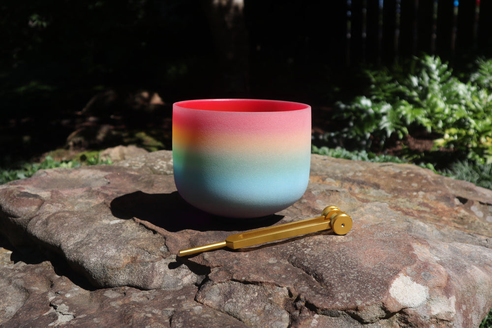528 Hz Rainbow and 432 Hz Pink Aura Bowl - 174Hz Solfeggio Tuning Fork - Mallet, Suede Striker, Carry Case, Sound Vibration, Gift For Her