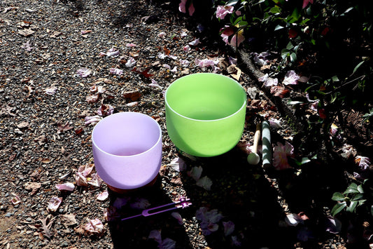 432 Hz 10" Heart Chakra and 8" Crown Chakra Singing Bowl Bundle - Crown Chakra Tuning Fork - Mallet, Suede Striker, Case, Sound Vibration