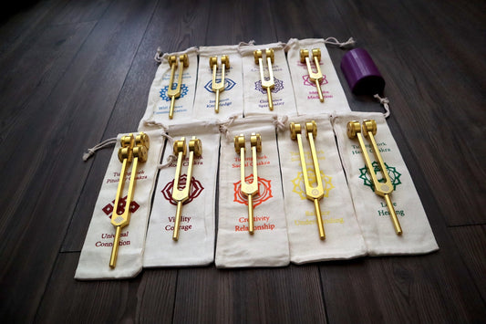 Myriad Melodies' Professionally Tuned .25 8pc Chakra Tuning Fork Set - Gold, Root Through Crown Chakras - Attenuator Extenders - Biofield