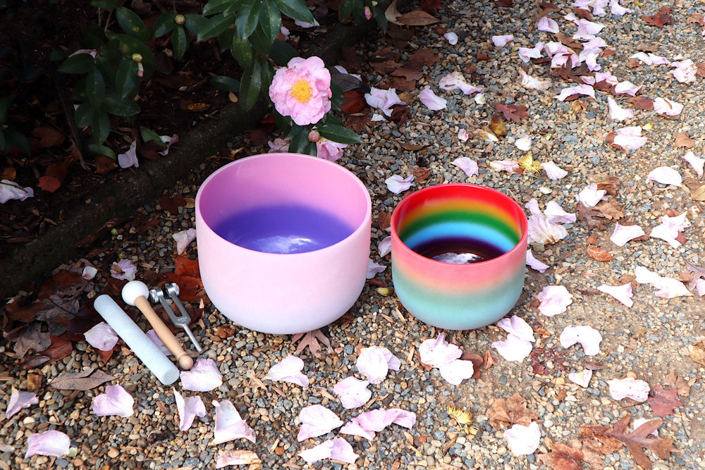 528 Hz Rainbow and 432 Hz Pink Aura Bowl - 174Hz Solfeggio Tuning Fork - Mallet, Suede Striker, Carry Case, Sound Vibration, Gift For Her