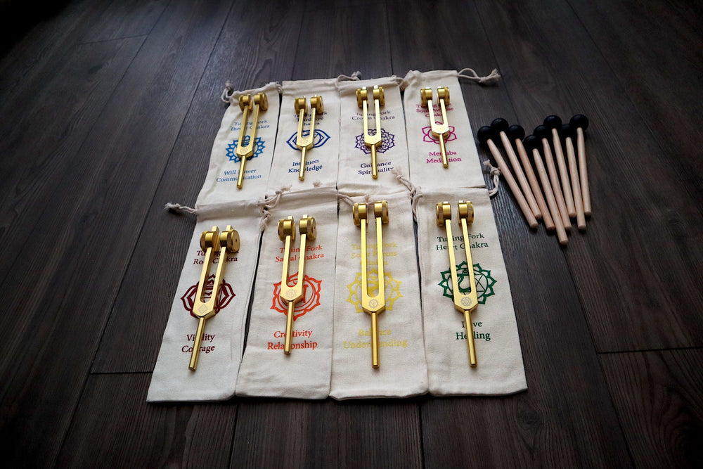 Myriad Melodies' Professionally Tuned .25 8pc Chakra Tuning Fork Set - Gold, Root Through Crown Chakras - Attenuator Extenders - Biofield