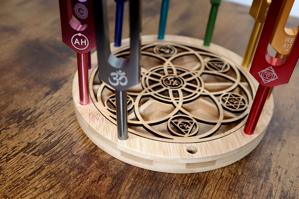Tuning Fork Holder - 10pc Holder with Tumbled Gemstone - Professionally Crafted Bamboo with Chakra Symbols, Sound Vibration