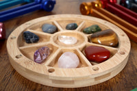 Tuning Fork Holder - 10pc Holder with Tumbled Gemstone - Professionally Crafted Bamboo with Chakra Symbols, Sound Vibration