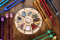 Tuning Fork Holder - 10pc Holder with Tumbled Gemstone - Professionally Crafted Bamboo with Chakra Symbols, Sound Vibration
