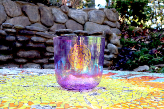 Flower Of Life Heart Chakra Bowl - Premium Clear 8" Crystal Singing Bowl w/ Tuning Fork - 432 Hz Perfect Pitch, Suede Striker, O-Ring, Case