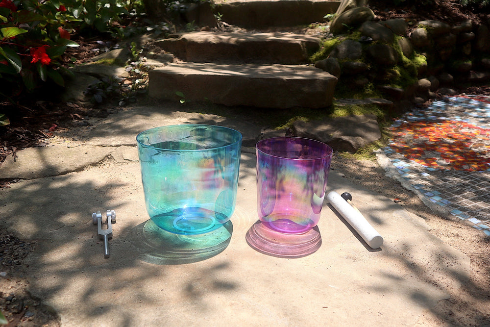 Cosmic Blue and Purple Soul Star - Premium Clear Crystal Singing Bowls w/ Tuning Fork - Perfect Pitch 432Hz G and A# Note