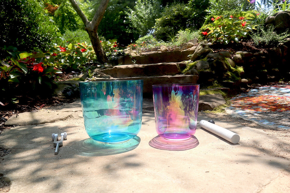 Cosmic Blue and Purple Soul Star - Premium Clear Crystal Singing Bowls w/ Tuning Fork - Perfect Pitch 432Hz G and A# Note