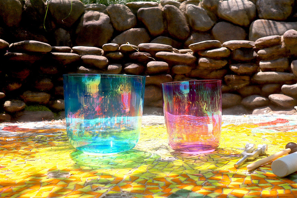 Cosmic Blue and Purple Soul Star - Premium Clear Crystal Singing Bowls w/ Tuning Fork - Perfect Pitch 432Hz G and A# Note