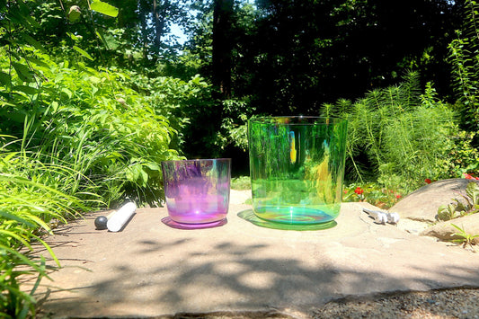 Cosmic Green and Purple - Premium Clear Crystal Singing Bowls w/ Tuning Fork - Perfect Pitch 432Hz F and B Note