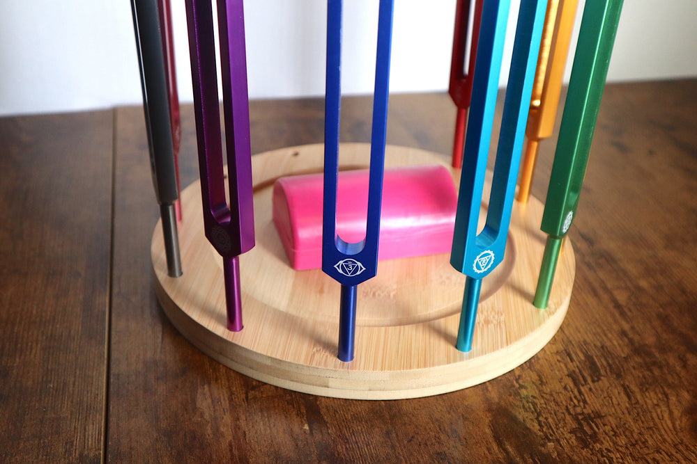 Tuning Fork Holder - 22pc Holder with Tumbled Gemstone - Professionally Crafted with Chakra Symbols, Sound Vibration