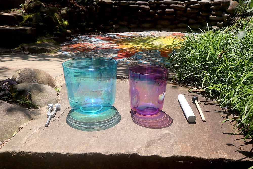 Cosmic Blue and Purple Soul Star - Premium Clear Crystal Singing Bowls w/ Tuning Fork - Perfect Pitch 432Hz G and A# Note