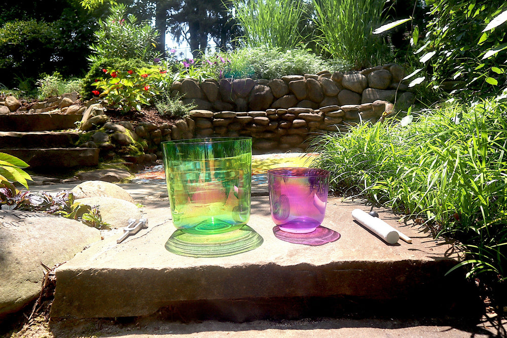Cosmic Green and Purple - Premium Clear Crystal Singing Bowls w/ Tuning Fork - Perfect Pitch 432Hz F and B Note