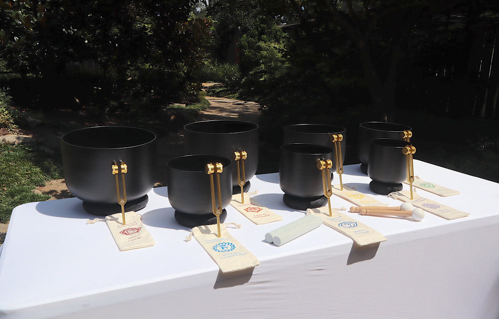Myriad Melodies' Perfect Pitch (5 Cents) 432 Hz Gravity Bowl Set - 10 Chakra Tuning Forks - 10 Crystal Attenuators - Protective Cases