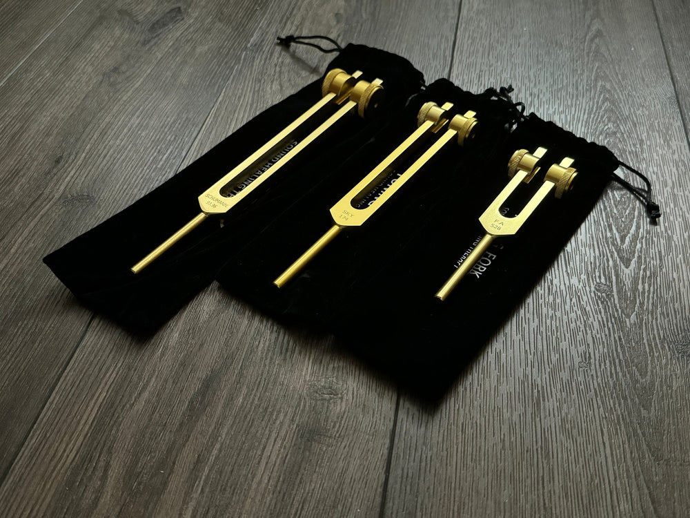 Myriad Melodies' Wellness Trio 528, 174, and Schumann 93.96 Tuning Fork Set - Attenuator Handle Extensions with 10mm Crystal