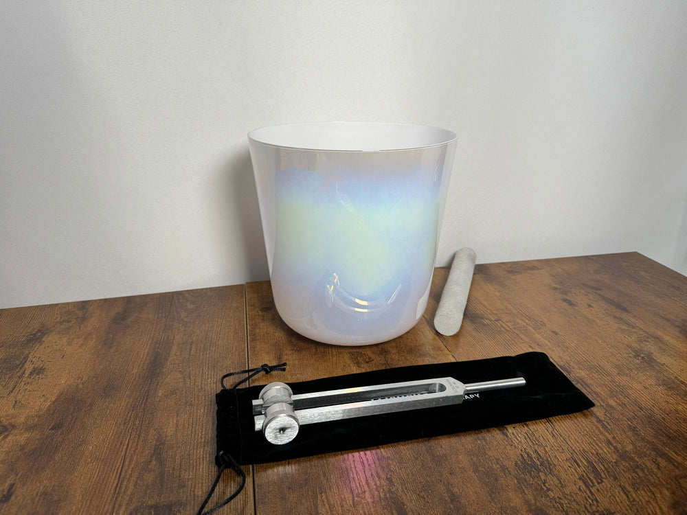 Cosmic White Light - Premium Clear 8" Crystal Singing Bowl w/ Tuning Fork 432 Hz Heart Chakra F Note, Suede Striker, O-Ring, and Silver Case