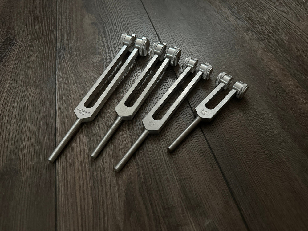 Myriad Melodies' Wellness Trio 528, 174, and Schumann 93.96 Tuning Fork Set - Attenuator Handle Extensions with 10mm Crystal
