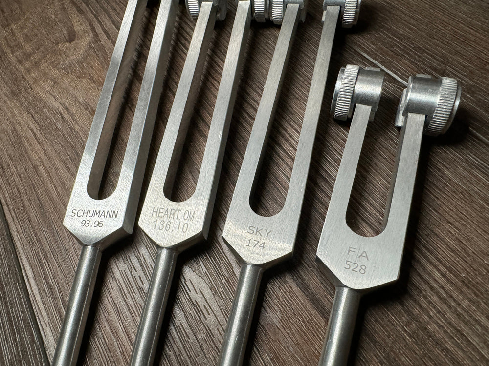 Myriad Melodies' Wellness Trio 528, 174, and Schumann 93.96 Tuning Fork Set - Attenuator Handle Extensions with 10mm Crystal