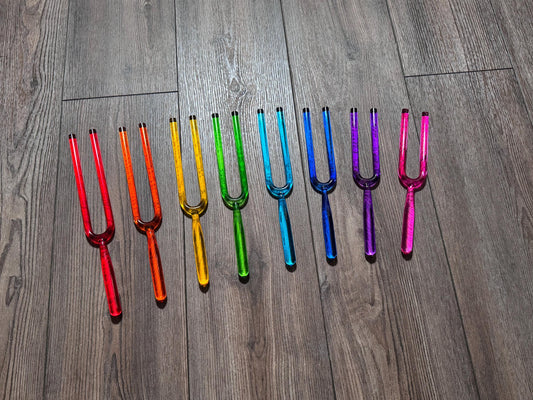 Myriad Melodies' 8pc Color Crystal Tuning Fork Set - 10mm - Notes CDEFGABC5, Crystal Vibration, Biofield, Premium Vibration
