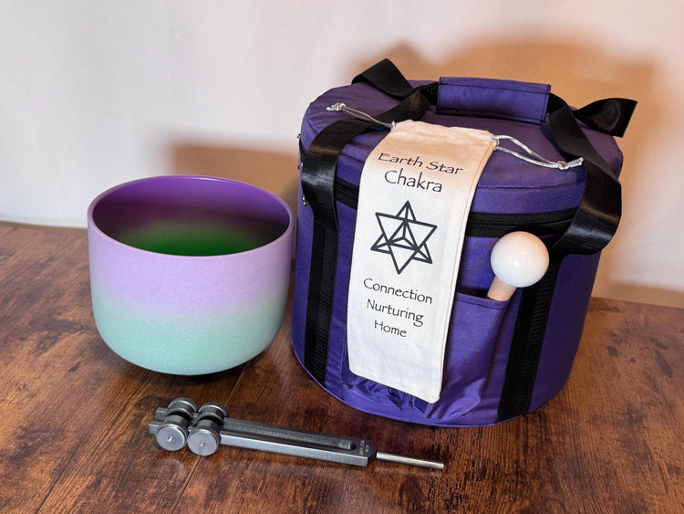 10" High Vibrational Heart Chakra and 8" Crown Chakra Crystal Singing Bowls 432Hz, 93.96 Schumann Tuning Fork, Carry Bag, Biofield Vibration