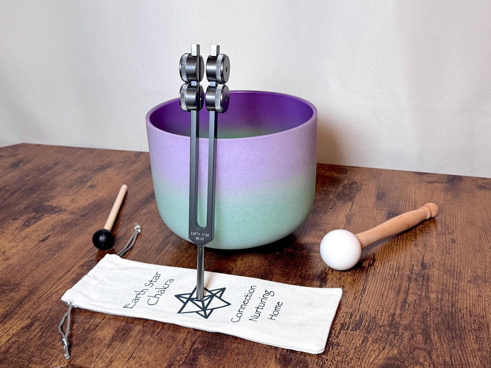 8" Crown Chakra B Note Crystal Singing Bowl - Perfect Pitch 432Hz, 93.96 Schumann Tuning Fork, Carry Bag, Biofield Vibration