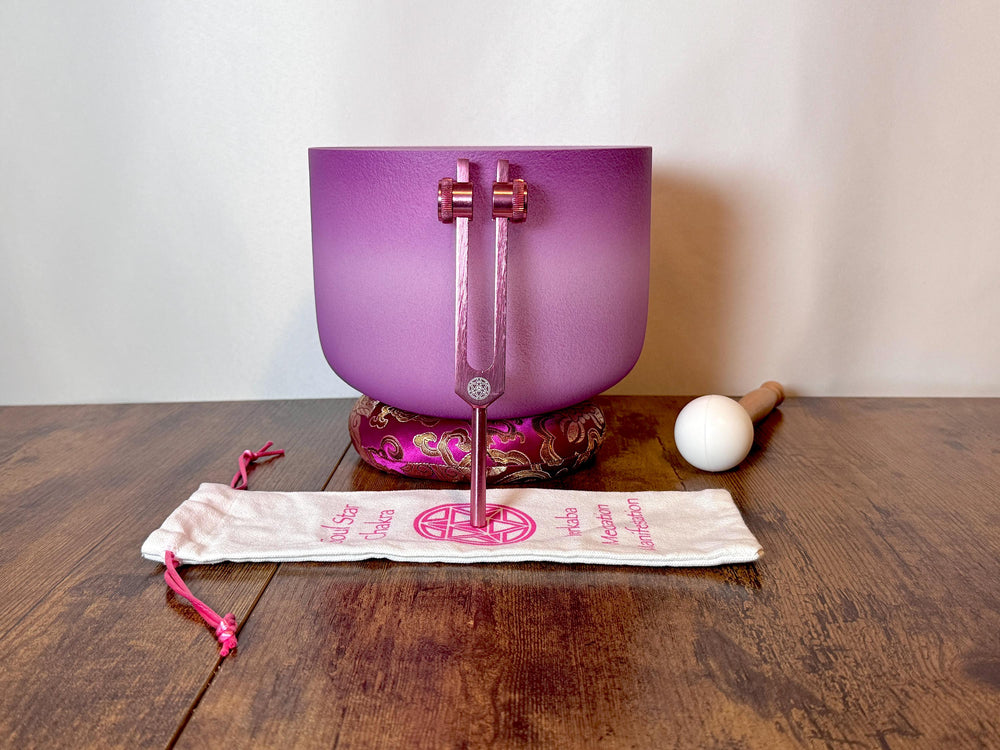 432hz High Vibrational F Note Heart Chakra Bowl with Soul Star (8th) Tuning Fork - Perfect Pitch - Carry Case, Mallet - Gift for Her