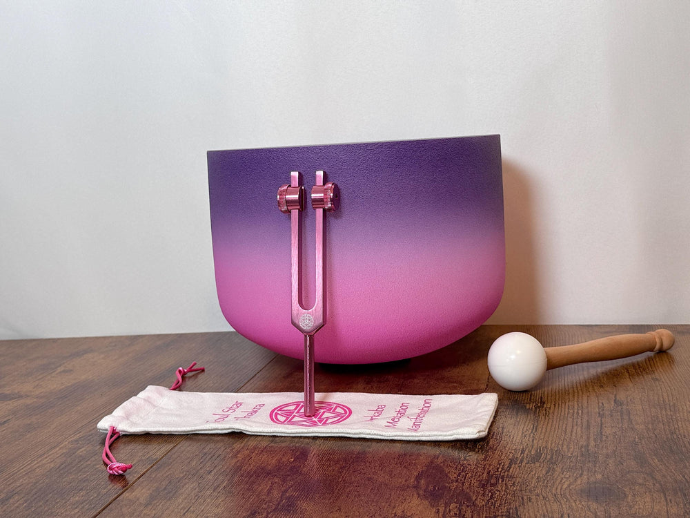 Purple Aura - 10" Crystal Singing Bowl and Soul Purpose Tuning Fork - 432 Hz Perfect Pitch F-Note w/ Bag Bundle, Mallet, Purple Case