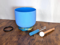 432 Hz 8" Throat Chakra Singing Bowl with Tuning Fork - Perfect Pitch G-Note Sound Bowl with Matching Color Cushion and Light Up Striker