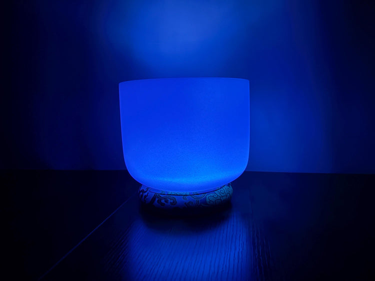 432 Hz 8" Throat Chakra Singing Bowl with Tuning Fork - Perfect Pitch G-Note Sound Bowl with Matching Color Cushion and Light Up Striker