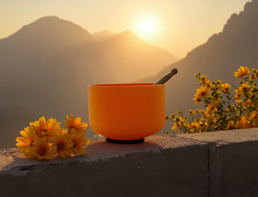 432 Hz 8" Sacral Chakra Singing Bowl with Tuning Fork - Perfect Pitch D-Note Sound Bowl with Matching Color Cushion and Light Up Striker