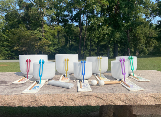 Myriad Melodies' Perfect Pitch (5 Cents) 432 Hz 6-12 Frosted White Set - 10 Chakra Tuning Forks 10 Crystal Attenuators - Protective Cases