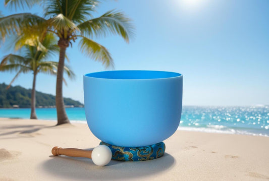 432 Hz 8" Throat Chakra Singing Bowl with Tuning Fork - Perfect Pitch G-Note Sound Bowl with Matching Color Cushion and Light Up Striker