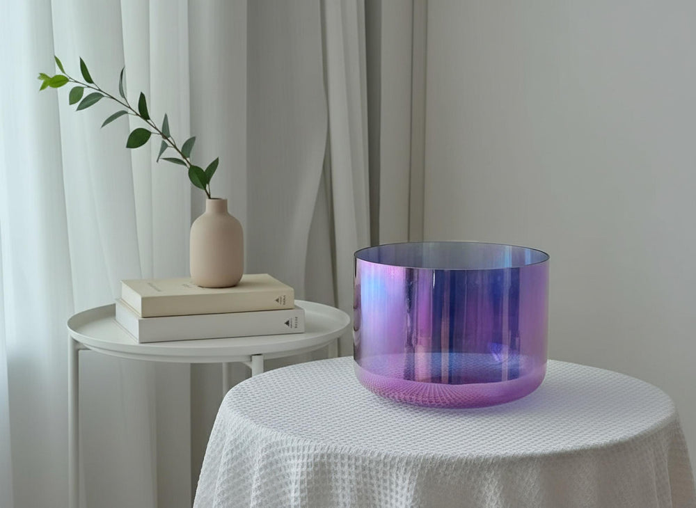 12" Aurora Premium Clear Crystal Singing Bowl w/ Tuning Fork, Suede Striker, Cushion, O-Ring, and Silver Padded Case