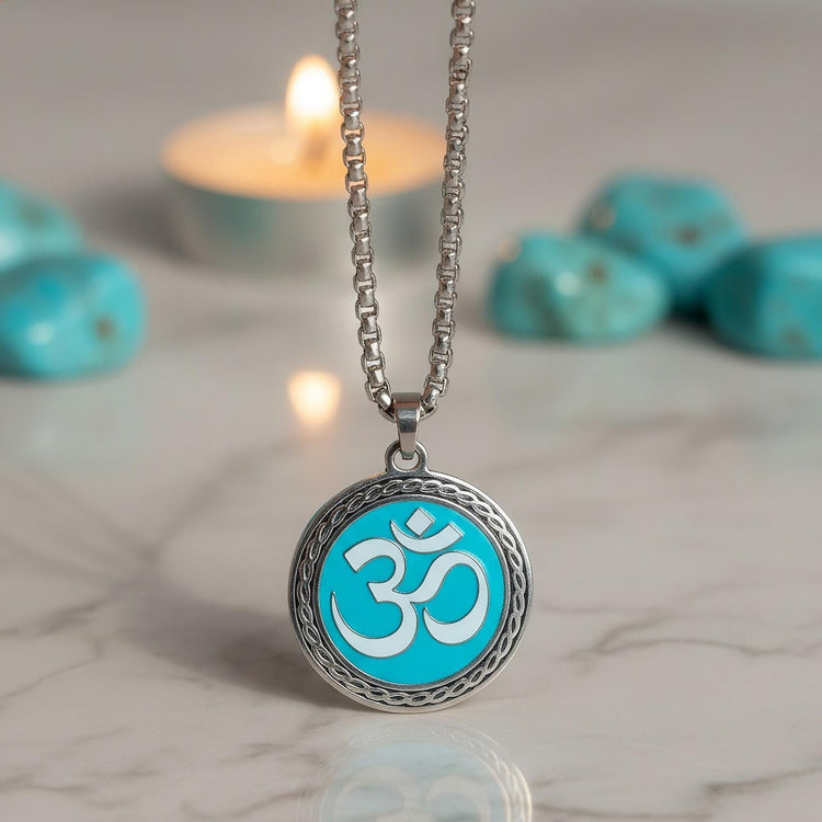 OM with Radiant Blue Mystical Beauty Charm Necklace: Unique Gift For Him or Her, Spiritual Symbols