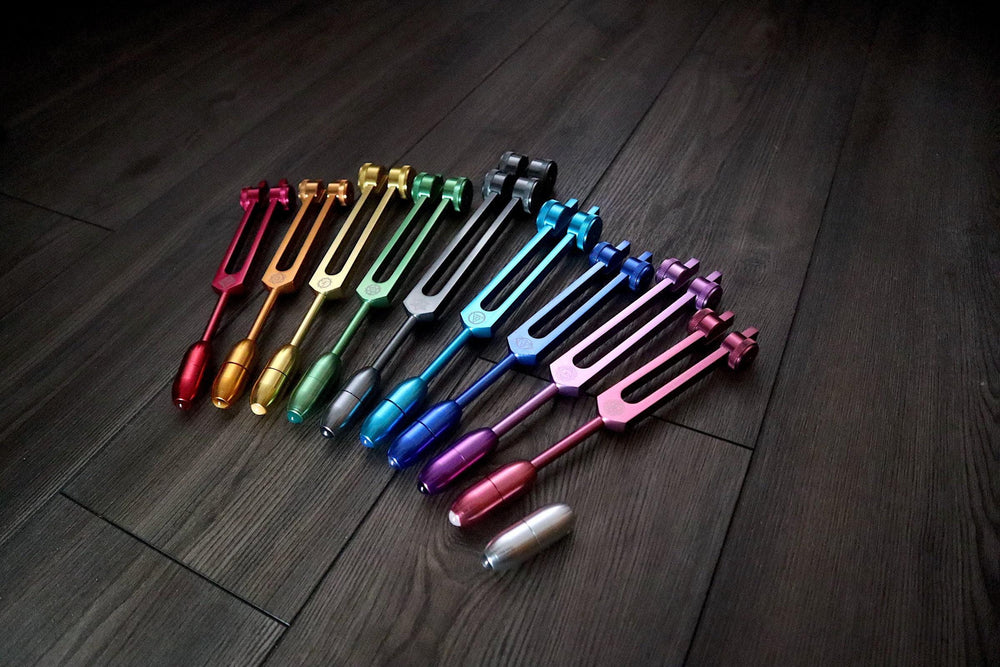 Myriad Melodies' Professionally Tuned .25 9pc Chakra Tuning Forks with 10pc Crystal Massage Attenuator Set - Biofield, Sound Vibration