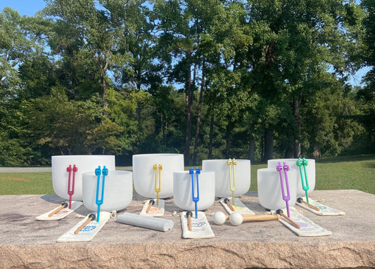 Myriad Melodies' Perfect Pitch (5 Cents) 432 Hz 6-12 Frosted White Set - 10 Chakra Tuning Forks 10 Crystal Attenuators - Protective Cases